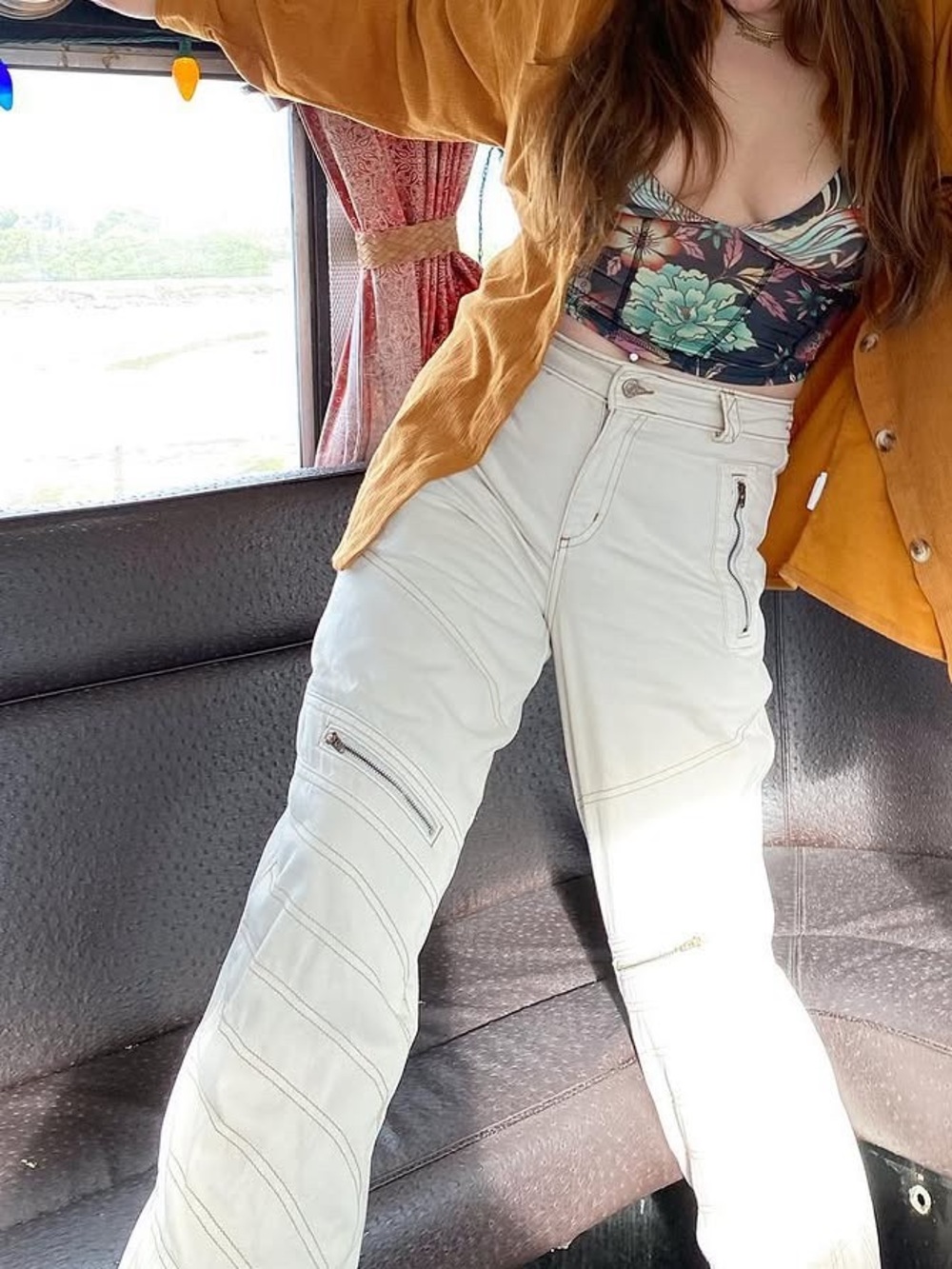 BDG Cream Cargo Moto Jeans with Zip Details